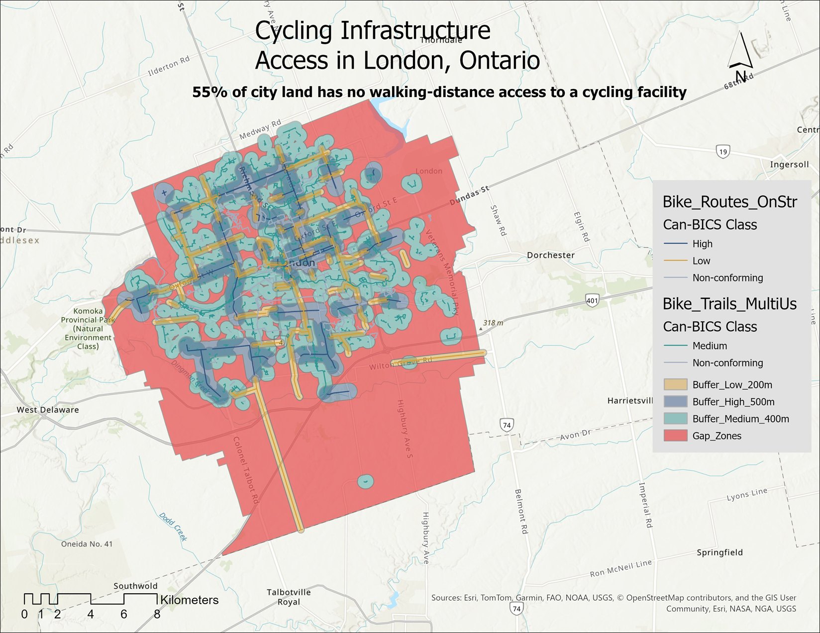 Full analysis map of London, Ontario — cycling network by Can-BICS comfort class, the access buffers around each route, and the resulting gap zones, shown together.