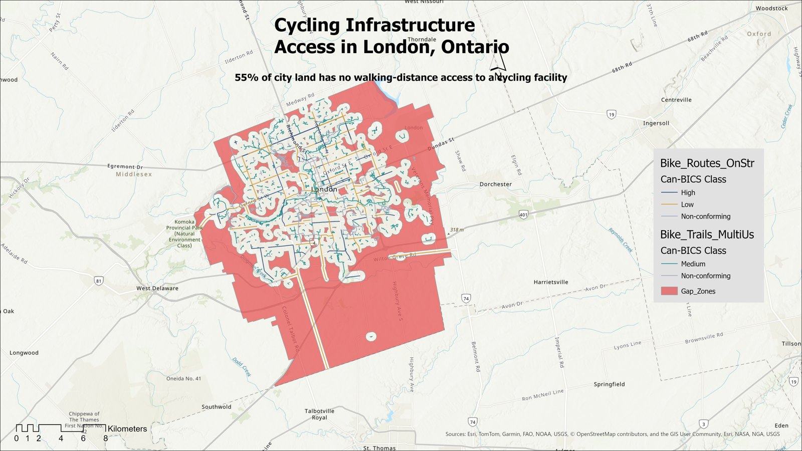 Map of London's cycling-access gap — red marks the areas more than a short walk from a comfortable cycling facility
