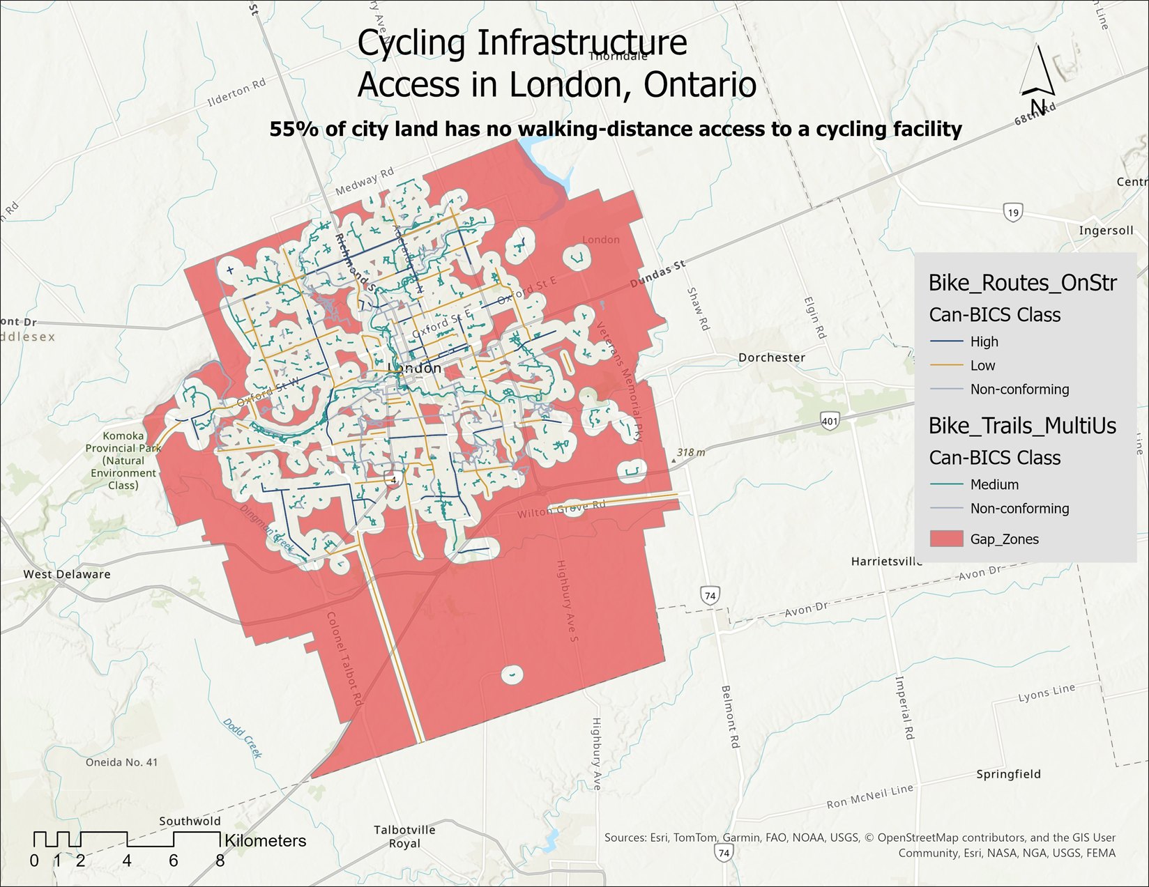 Map of cycling-infrastructure access across London, Ontario. The gap is shown in red across the suburban edges and rural fringe; access clusters in the urban core and inner neighbourhoods.