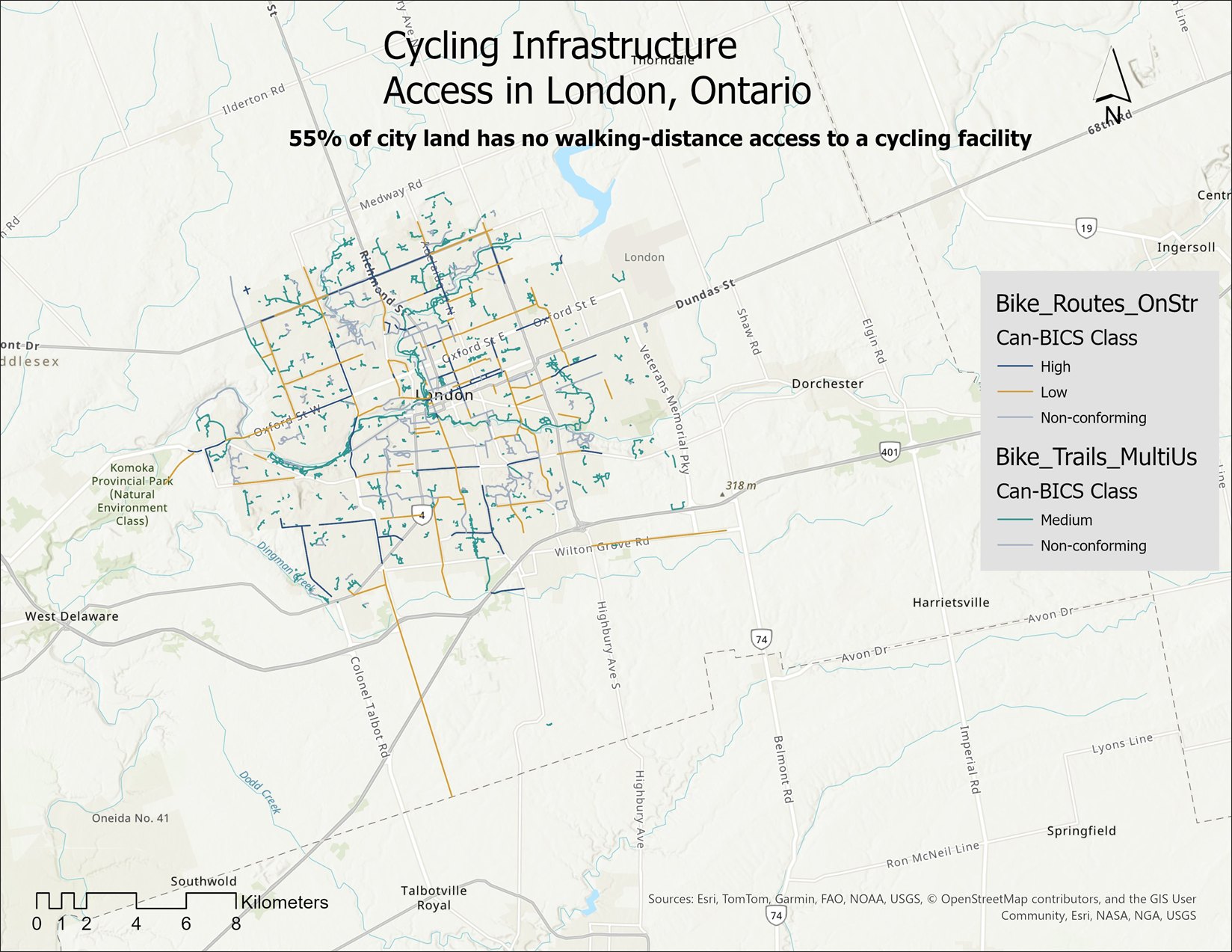 Map of London, Ontario's cycling network on its own, with each route coloured by its Can-BICS comfort class — high, medium, low, and non-conforming.